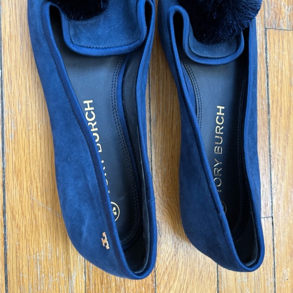 Tory Burch Navy Loafers with Black Pom Poms - Picture 3 of 5